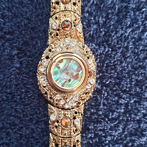 Vintage Jeweled Abalone Rhinestone & Tiger Eye Gold-Plated Japan Quartz Watch - Picture 3 of 16